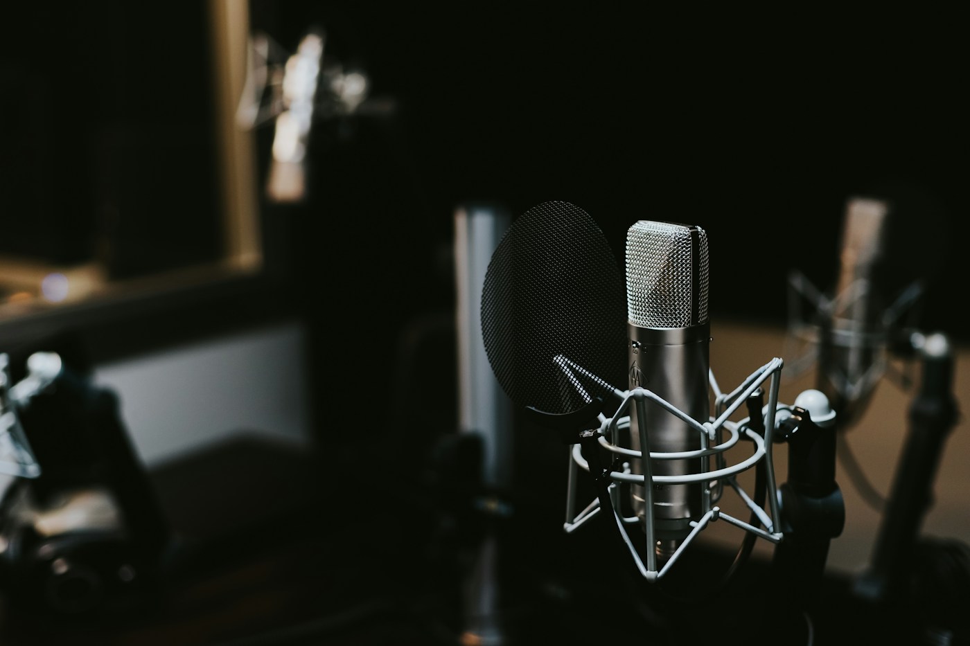 Studio condenser microphone with pop filter; illustrative photograph