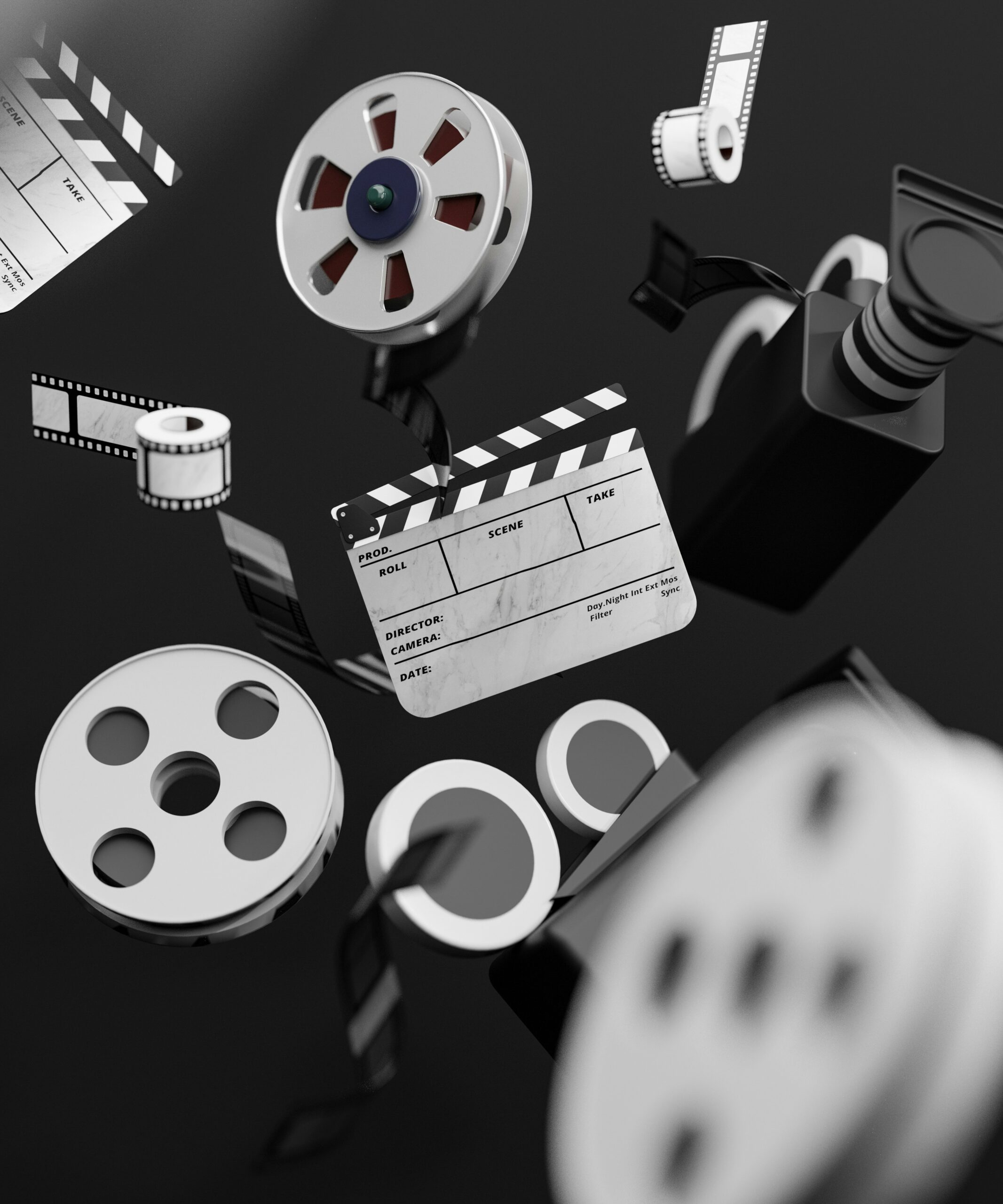 Three-dimensional illustration of a film reel, camera and clapperboard